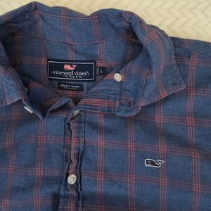 Mens Vineyard Vines Button Down Whale Shirt. Large. Blue Red Plaid Fisherman